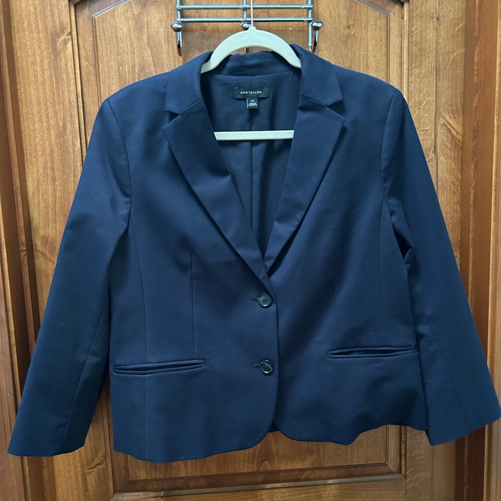 Ann Taylor Petite Two Button Blazer in Stretch Cotton, Navy Blue